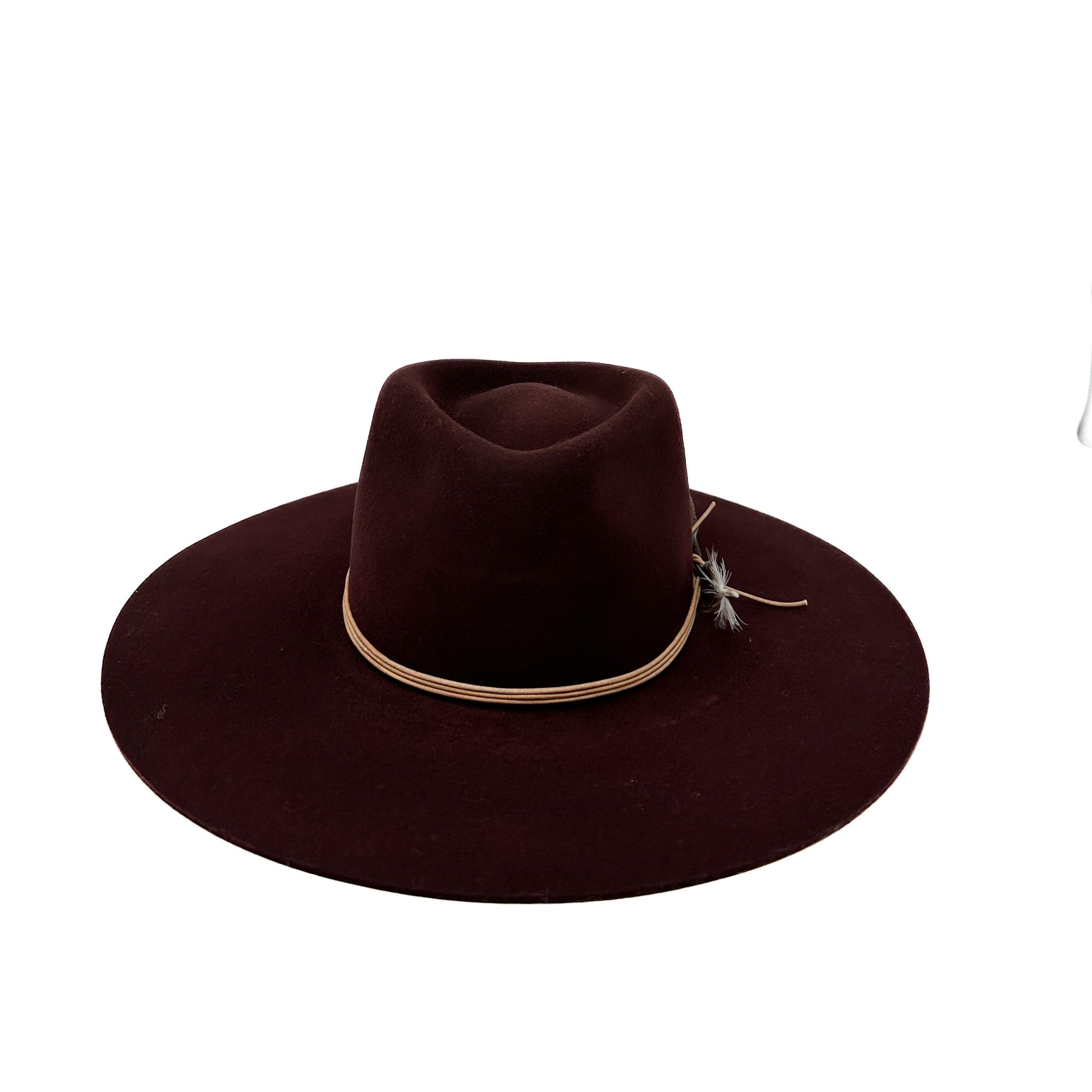 Montana fedora in burgundy with wrapped leather and feather